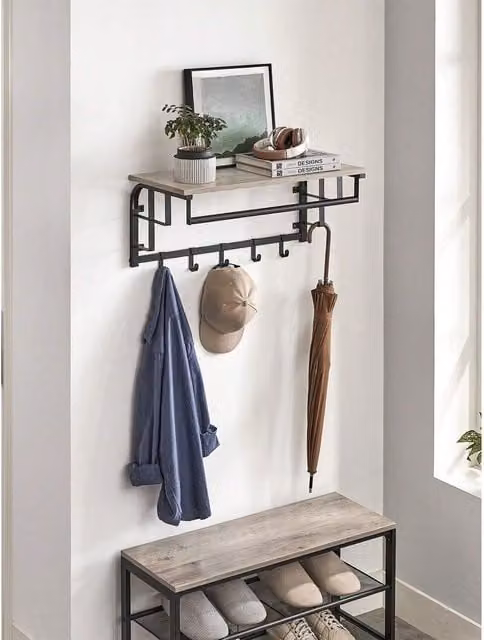 VASAGLE Rustic Brown Wall-Mounted Coat Rack with Shelf and Hooks W/D/H: 66 x 30 x 15 cm