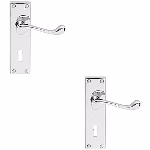 Loops 2 Pack Victorian Scroll Lever on Rectangular Lock Backplate, Polished Chrome, W: 155 mm, H: 41 mm