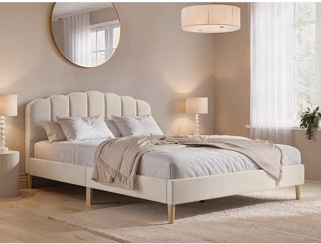 Flair Upholstered Scallop Velvet Bed Frame in Beige, W: 140 cm, L: 200 cm