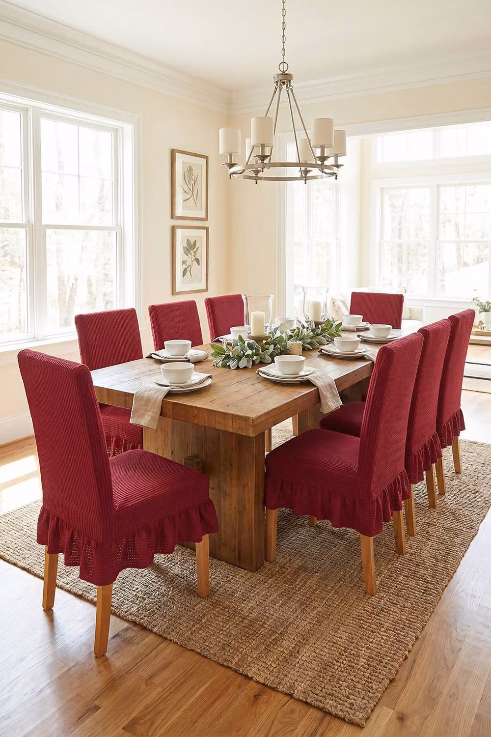 Living and Home Set of 2 Stretch Dining Chair Covers with Ruffled Skirt and Fabric Ties in Red – 2