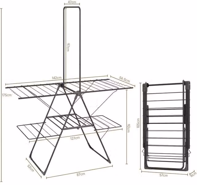 FORGEVIO Winged Metal Clothes Airer with High Hanger in Grey – 1