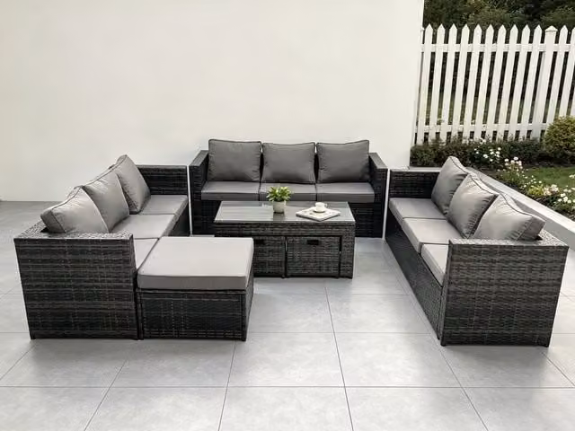 Fimous Outdoor Rattan Garden Furniture Set in Grey with 3-Seater Sofa, Coffee Table and Ottoman