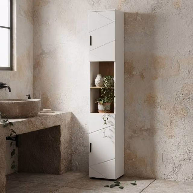 Wyld Haus Dohifa Tall Bathroom Storage Cabinet in White with Embossed Doors and LED Lighting, H 183 cm x W 30 cm x D 30 cm – 1