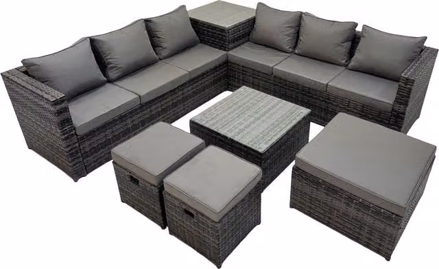 Fimous 9 Seater L-Shape Rattan Garden Corner Sofa Set with Ottoman and Coffee Table in Dark Grey