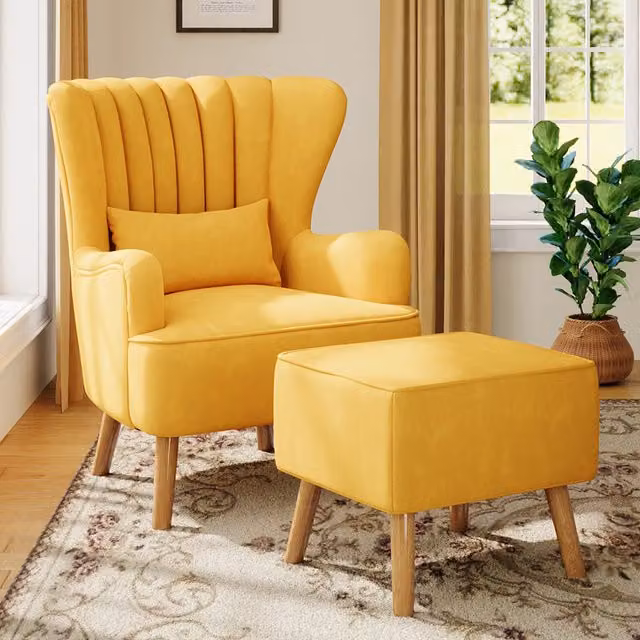 Livingandhome Mid-Century Blue Fabric Upholstered Armchair with Matching Ottoman