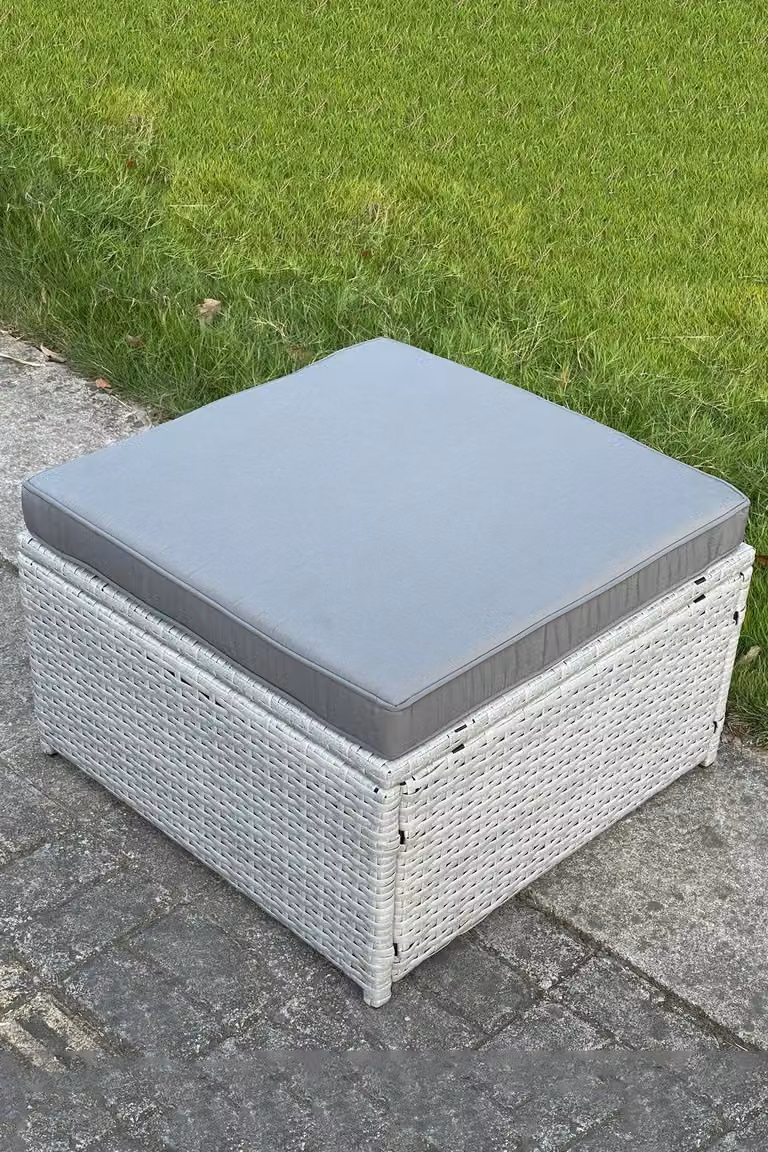 Fimous Light Grey Rattan Footstool with Dark Grey Cushion