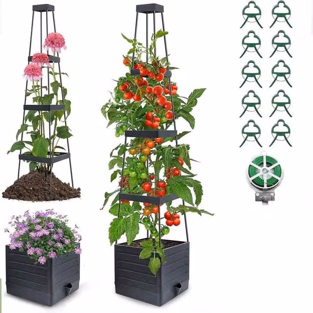 SPETLEK 4-Tier Grey Wooden Grain Tomato Planter Box with Climbing Trellis