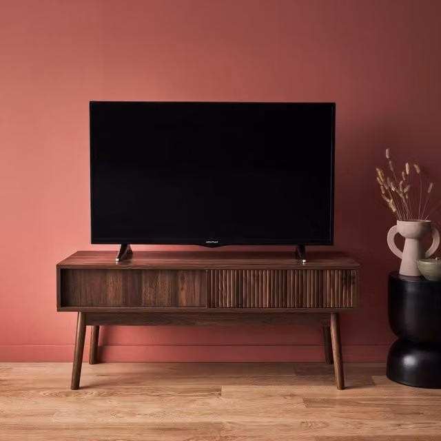 Sweek Scandinavian Style TV Unit with Grooved Wood Detail and 2 Doors in Dark Brown, Width: 115 cm