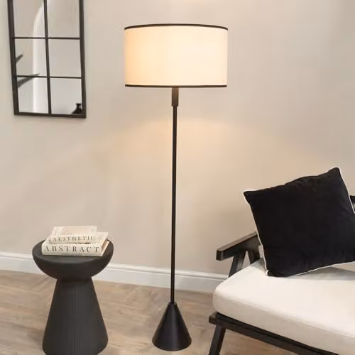 ValueLights Mitch Triangle Floor Lamp with Natural Linen Shade, Black Wood Trim and LED Bulb – 2
