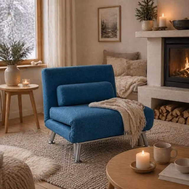 Wyld Haus Lavili Keno Blue Single Sleeper Chair with Linen Look Fabric and Metal Frame