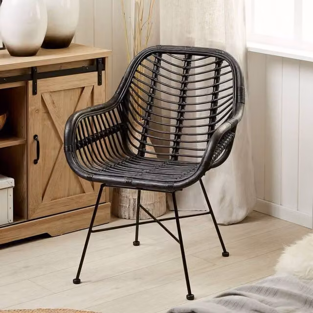 Wyld and Coco Black Rattan Armchair with Wicker Detailing and Black Metal Legs, W64 x D62 cm – 1