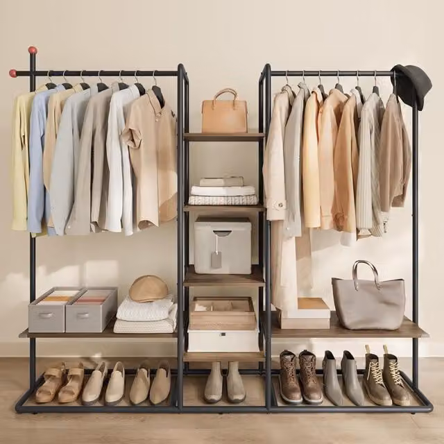 The Bazaarist Heavy Duty Industrial Clothes Rack with 2 Rails and 6 Shelves in Walnut and Black