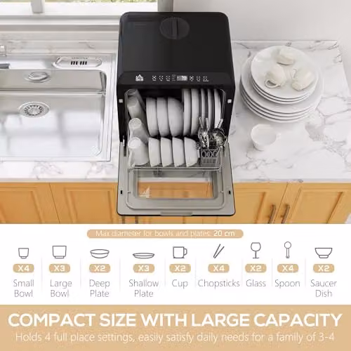 HOMCOM Countertop Dishwasher in Black with 6L Water Tank and 4 Place Settings – 3