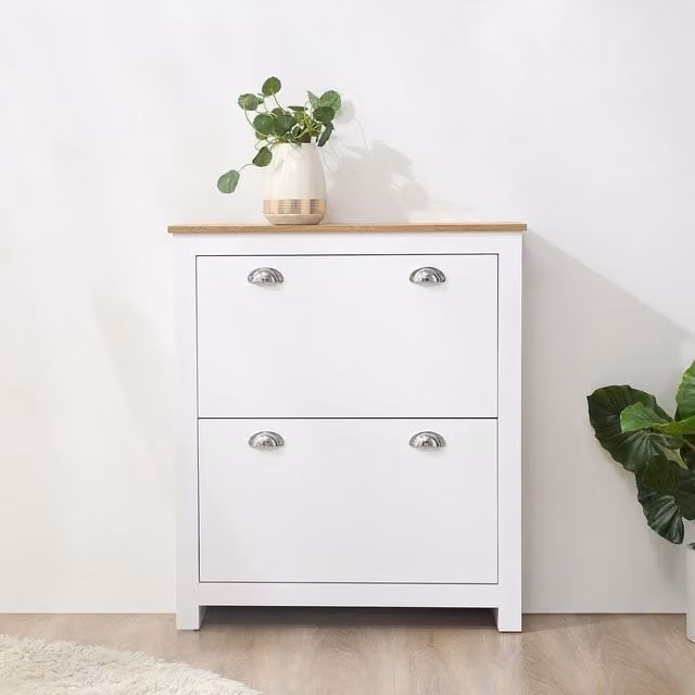 HOMCOM Modern White Narrow Shoe Cabinet with 2 Drawers and Tilting Compartments