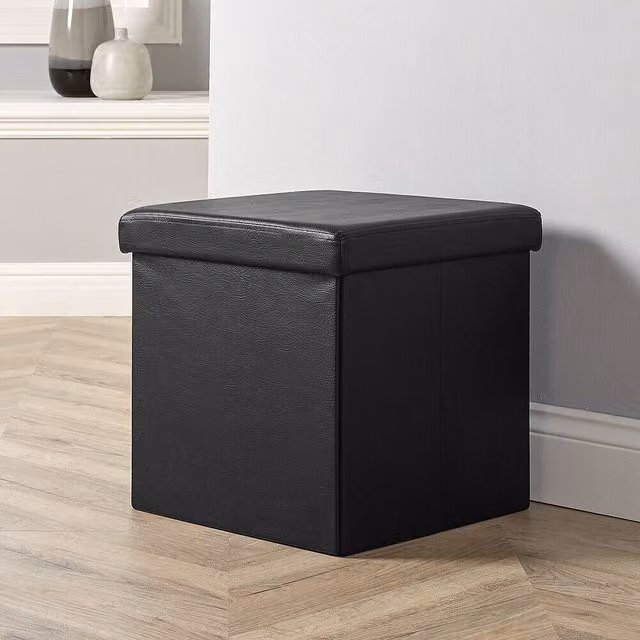 Home Source Folding Ottoman Storage Cube in Black Faux Leather, W/D/H: 38 x 38 x 38 cm
