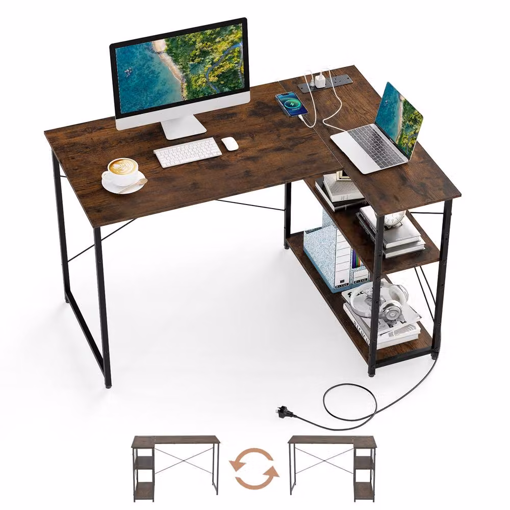 Costway L-shaped Corner Computer Desk with Power Outlet and Reversible Shelves in Brown – 2