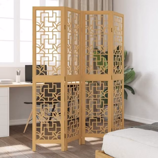 Berkfield Home 4-Panel Brown Solid Paulownia Wood Room Divider – 1