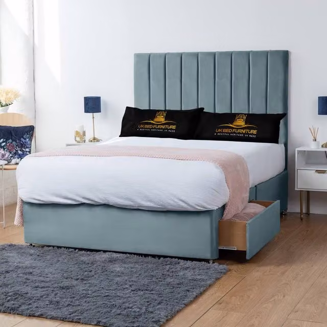 UK Bed Furniture Ashford Super King Divan Bed with 2 Drawers and 26 Inch Headboard in Light Blue