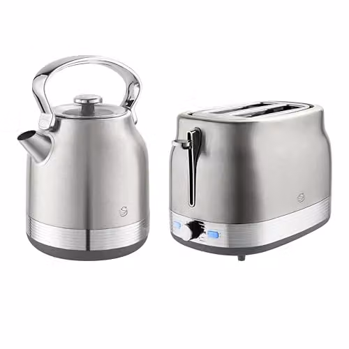 Swan Retro Kitchen Set in Silver Stainless Steel featuring 1.7L Rapid Boil Kettle and 2 Slice Toaster – 1