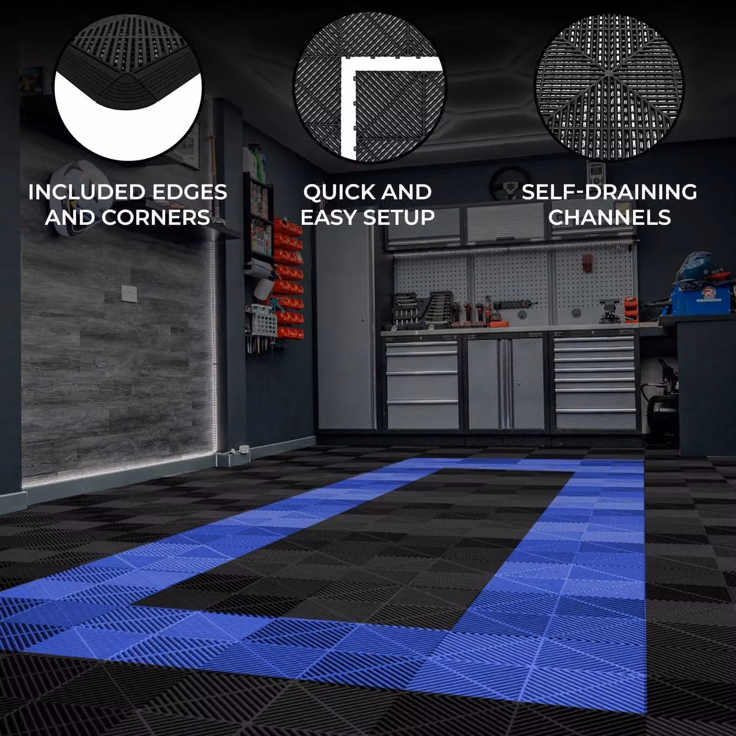 Monstershop Vented Garage Floor Tiles with Edges, Plastic, 165 Black and 60 Blue – 2