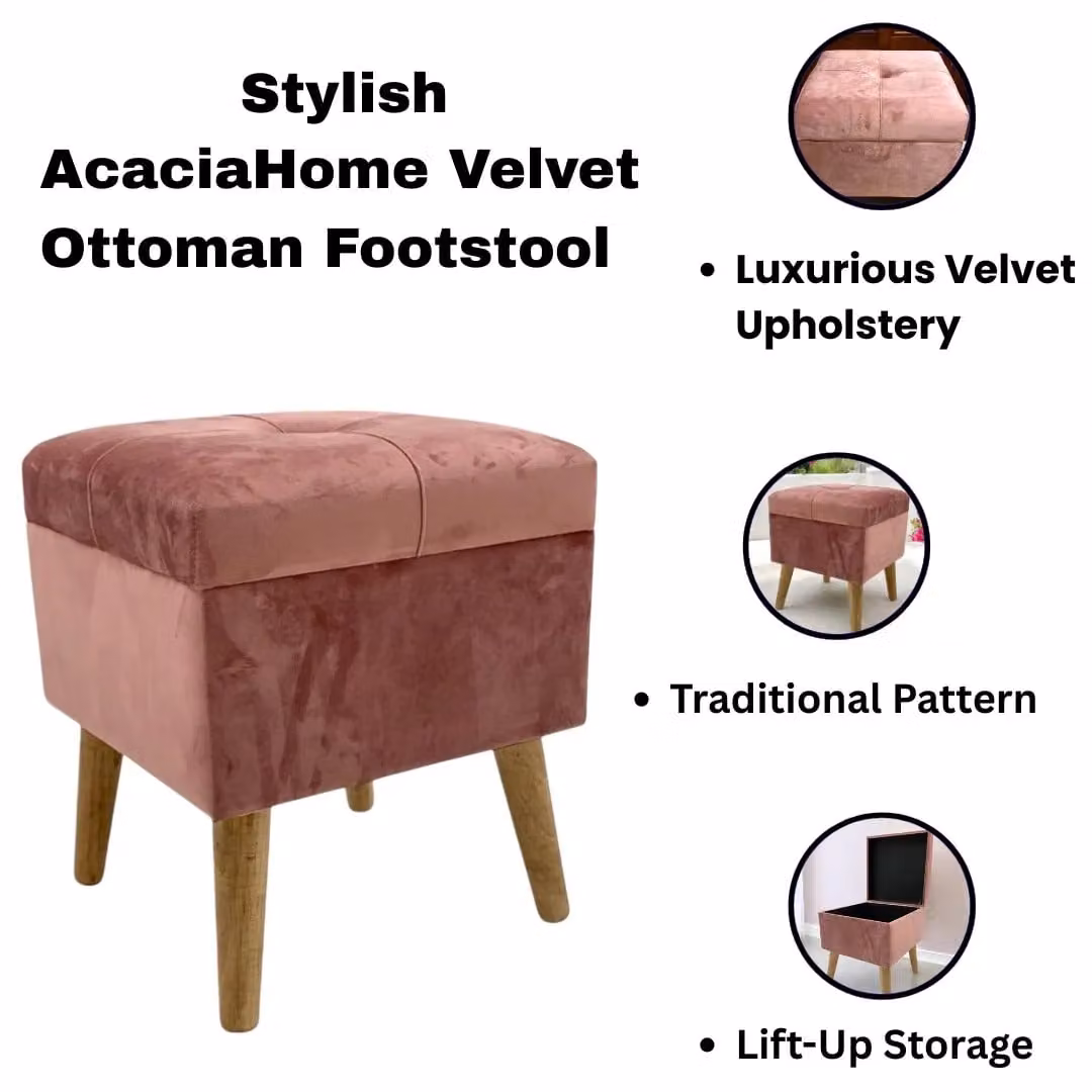 M S L Pink Velvet Storage Stool with Wood Frame, W/D/H: 33 x 33 x 42 cm – 11