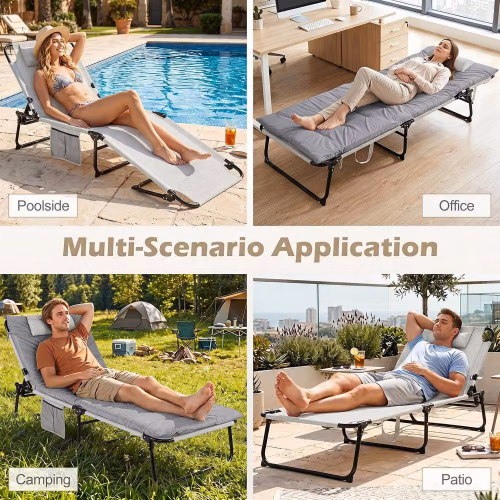 Gymax Folding Sun Lounger with Storage Pocket in Grey – 7