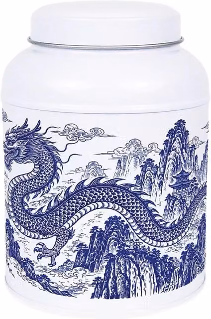 Purely Home Dragon Temple Coffee Canister Metal Kitchen Storage Tin in Blue and White