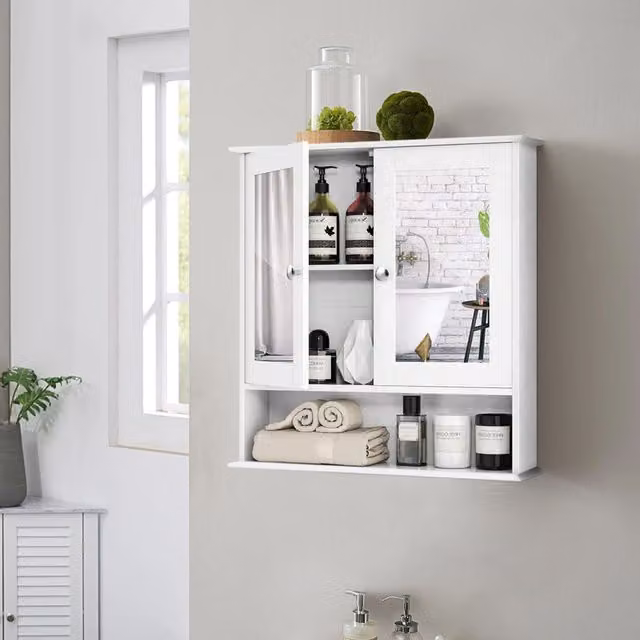 Livingandhome Modern White Wall Mounted Bathroom Cabinet with Double Mirror Glass Doors and Internal Shelves, Width: 56 cm