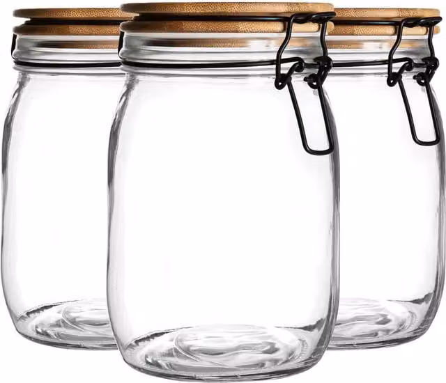 Argon Tableware Set of 6 Leakproof Glass Storage Jars with Wooden Clip Lids, 1 l