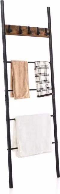 VOGREX 5-Tier Freestanding Leaning Blanket Ladder with 5 Removable Hooks in Brown