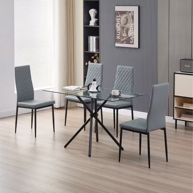 Madefor.living Miami Rectangular Glass Dining Table with 4 Emily Grey Leather Chairs