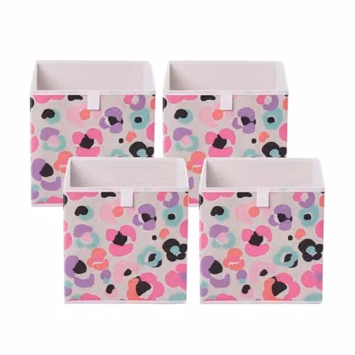 OHS Set of 4 Leopard Print Foldable Fabric Cube Storage Boxes in Multicolour and White