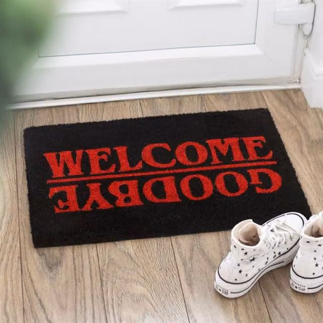 KDMK Black Rectangular Coir Doormat with Red Graphic Text
