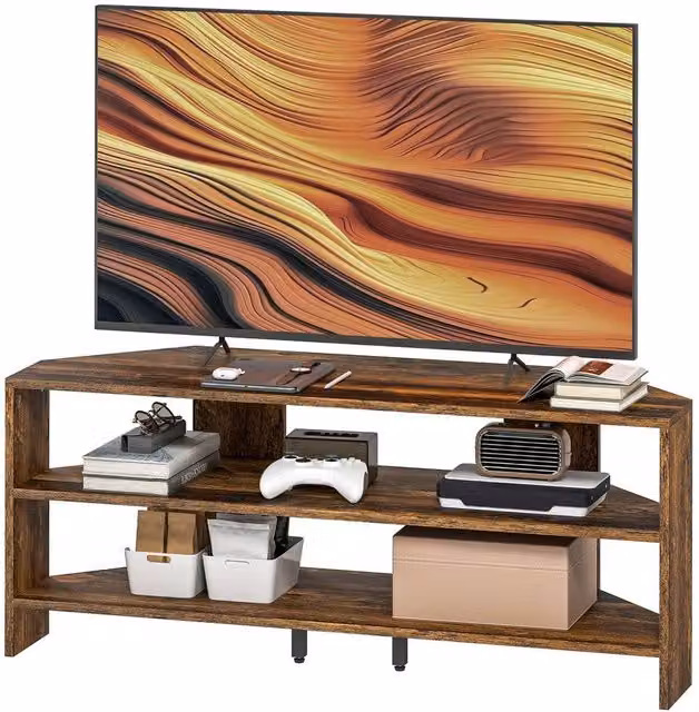 Havendro Rustic Brown Corner TV Stand with Open Shelves, W/D/H: 110 x 36 x 45 cm – 1