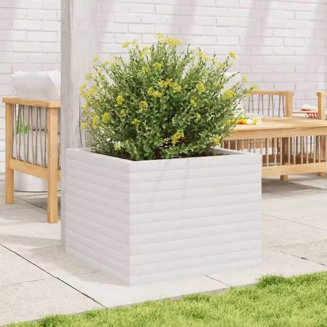 Berkfield Home White Ornamental Garden Planter Tub, Solid Wood, W: 60 cm, D: 60 cm, H: 45.5 cm