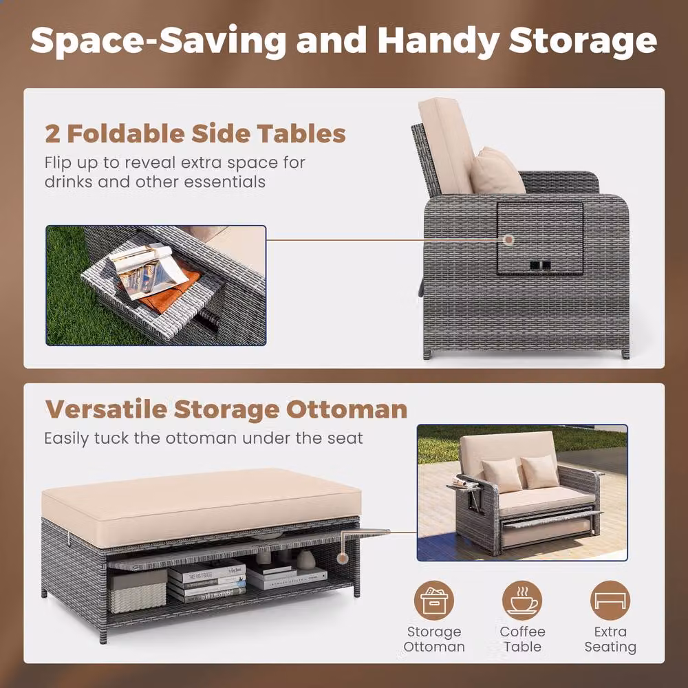 Costway 2-Piece Grey PE Wicker and Metal Patio Rattan Daybed Set with Adjustable Backrest – 8