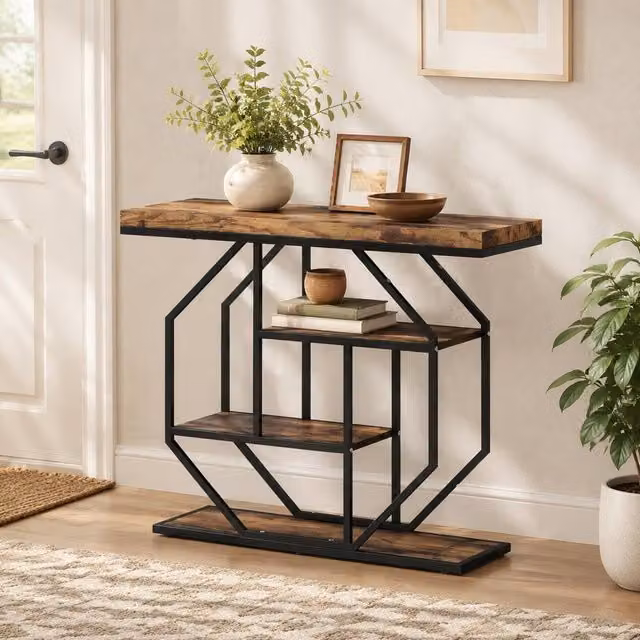 STILVORA Industrial Console Table with 4 Shelves in Dark Brown Wood, W/D/H: 100 x 30 x 80 cm