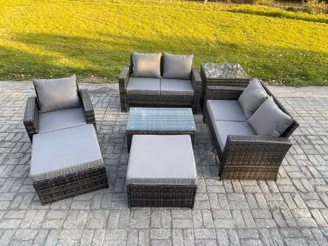 Fimous 7 Seater Rattan Garden Furniture Set in Dark Grey with Coffee Table and Ottomans