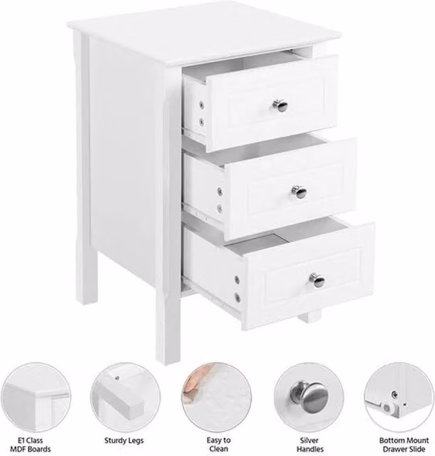 KORVIXA Set of 2 White Bedside Tables with 3 Drawers and Pine Wood Legs