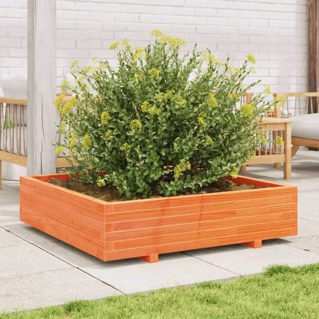 Berkfield Home Decorative Garden Planter Tub, Brown, Solid Wood, W: 100 cm, D: 100 cm, H: 26.5 cm – 1