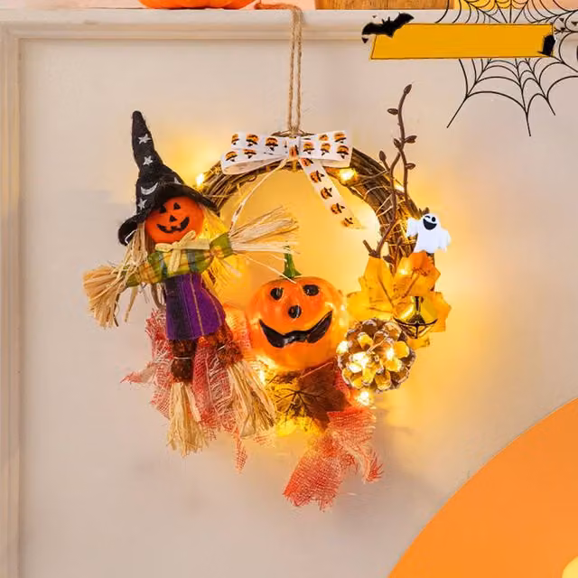Quipulse Style 2 Halloween DIY Rattan Wreath Multicolour Hanging Door Ornament with Pumpkin and Flower Pendants