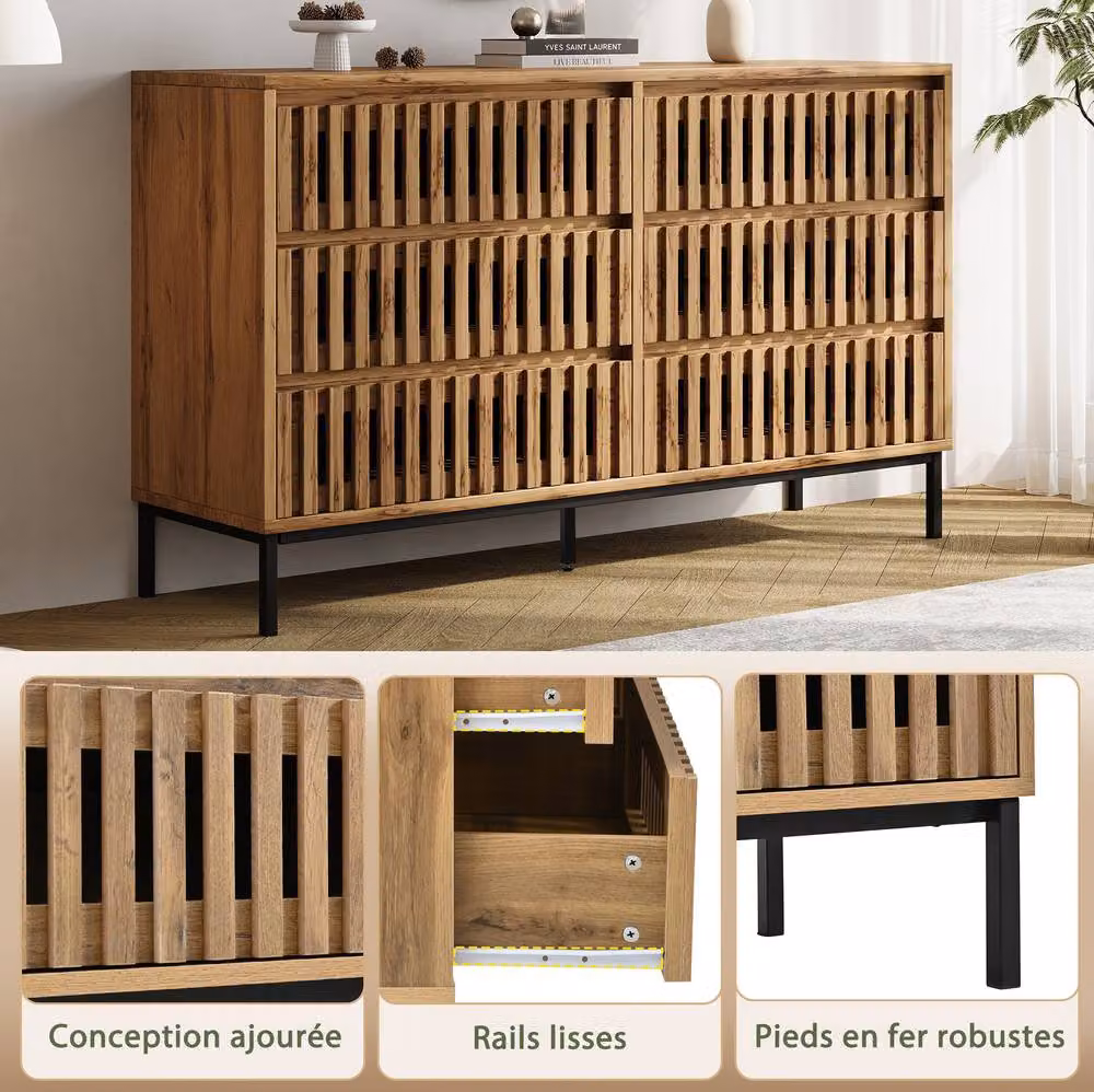 STILVORA Freestanding Storage Cabinet with 6 Drawers in Natural Wood Effect and Black Metal, H 81.0 x W 120.0 x D 40.0 cm – 5