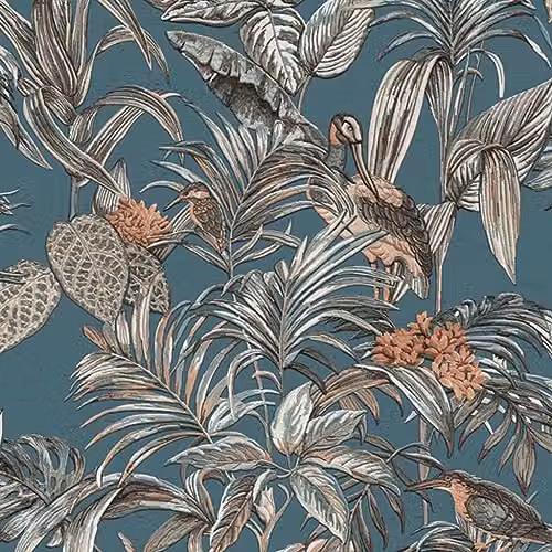 Dutch Wallcoverings Design ID Wallpaper DE120016 Wallstitch Bird of Paradise in Dark Blue and Silver