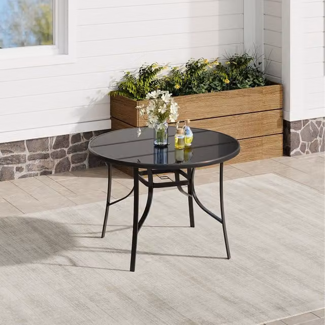 Komore Classic Round Garden Table with Tempered Glass Top and Parasol Hole in Black