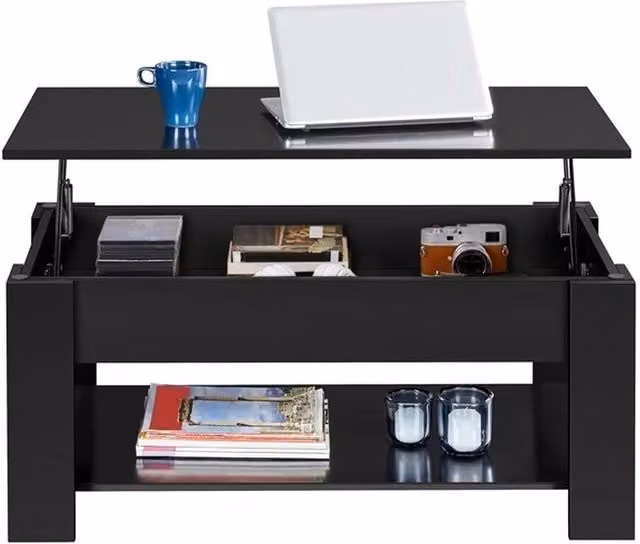 KORVIXA Modern Rectangular Lift Top Coffee Table with Hidden Storage in Black