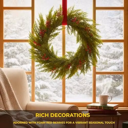 Shatchi Green and Red Christmas Wreath with Artificial Leaves and Berries, Diameter: 60 cm – 4