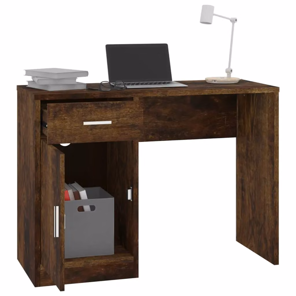 Berkfield Home Computer Desk with Drawer and Cabinet in Smoked Oak Brown, W/D/H: 100 x 40 x 73 cm – 3