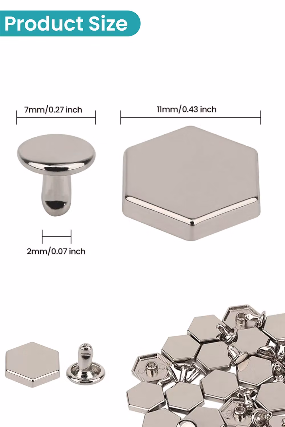 Neel Blue Silver Metal Alloy Hexagonal Feet Caps with 7mm Rivet Studs, 25 Pieces – 2
