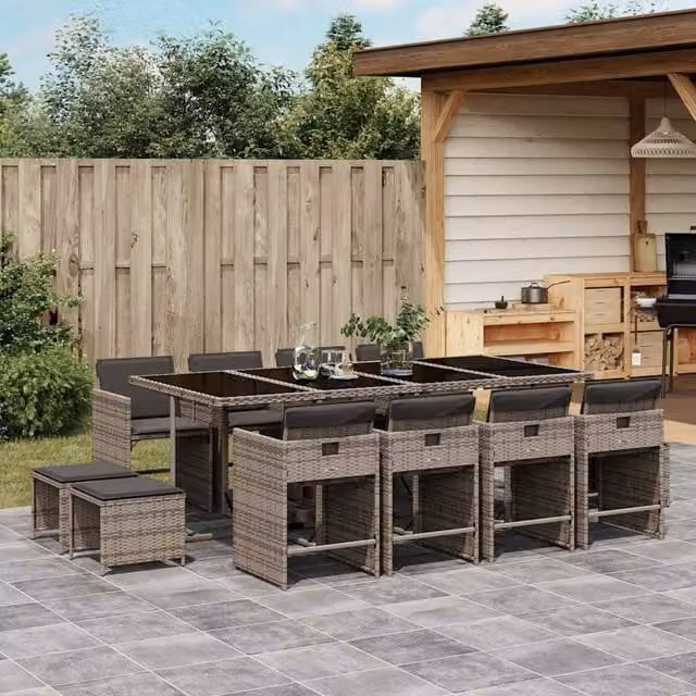 Berkfield Home 13 Piece Grey Poly Rattan Garden Dining Set with Cushions and Glass Tabletop – 1