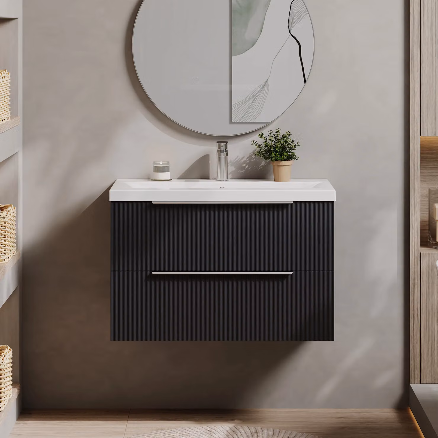 Balterley Fluted Wall Hung 2 Drawer Vanity Basin Unit and Basin, Dark Grey, Width: 80 cm – 2